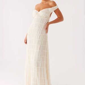 Peppermayo Embrace Dress | Elegant Off-Shoulder Cream Dress